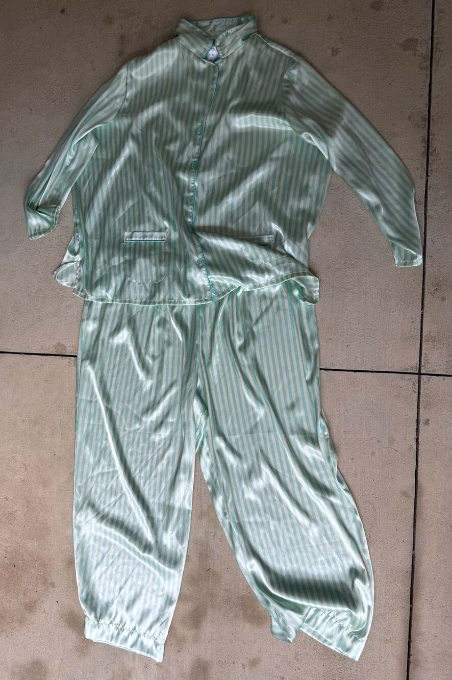 PINK Women's Satin Striped Long Sleeve Button Up Pajama Set Mint Green 4X